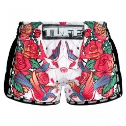 TUFF Muay Thai Shorts Retro Style White Roses With Birds