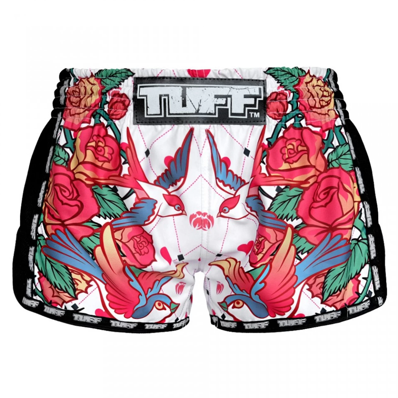 TUFF Muay Thai Shorts Retro Style White Roses With Birds 1 TUFF Muay Thai Shorts Retro Style White Roses With Birds