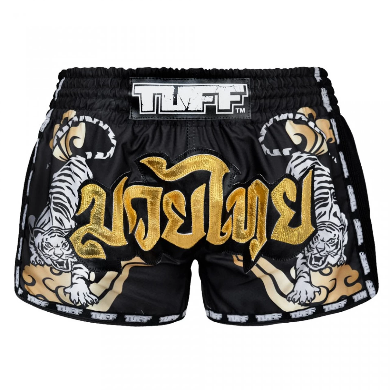 TUFF Muay Thai Shorts Retro Style Black Double Tiger With Gold Text 1 TUFF Muay Thai Shorts Retro Style Black Double Tiger With Gold Text