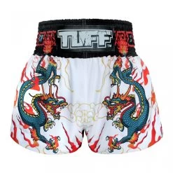 TUFF Muay Thai Shorts White With Blue Dragon