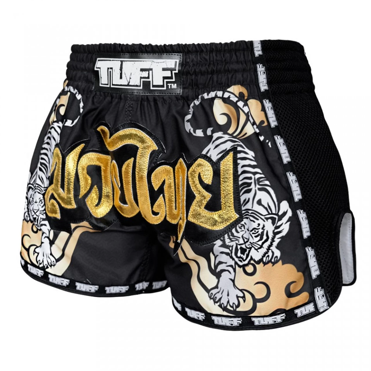 TUFF Muay Thai Shorts Retro Style Black Double Tiger With Gold Text 4 TUFF Muay Thai Shorts Retro Style Black Double Tiger With Gold Text - Image 4