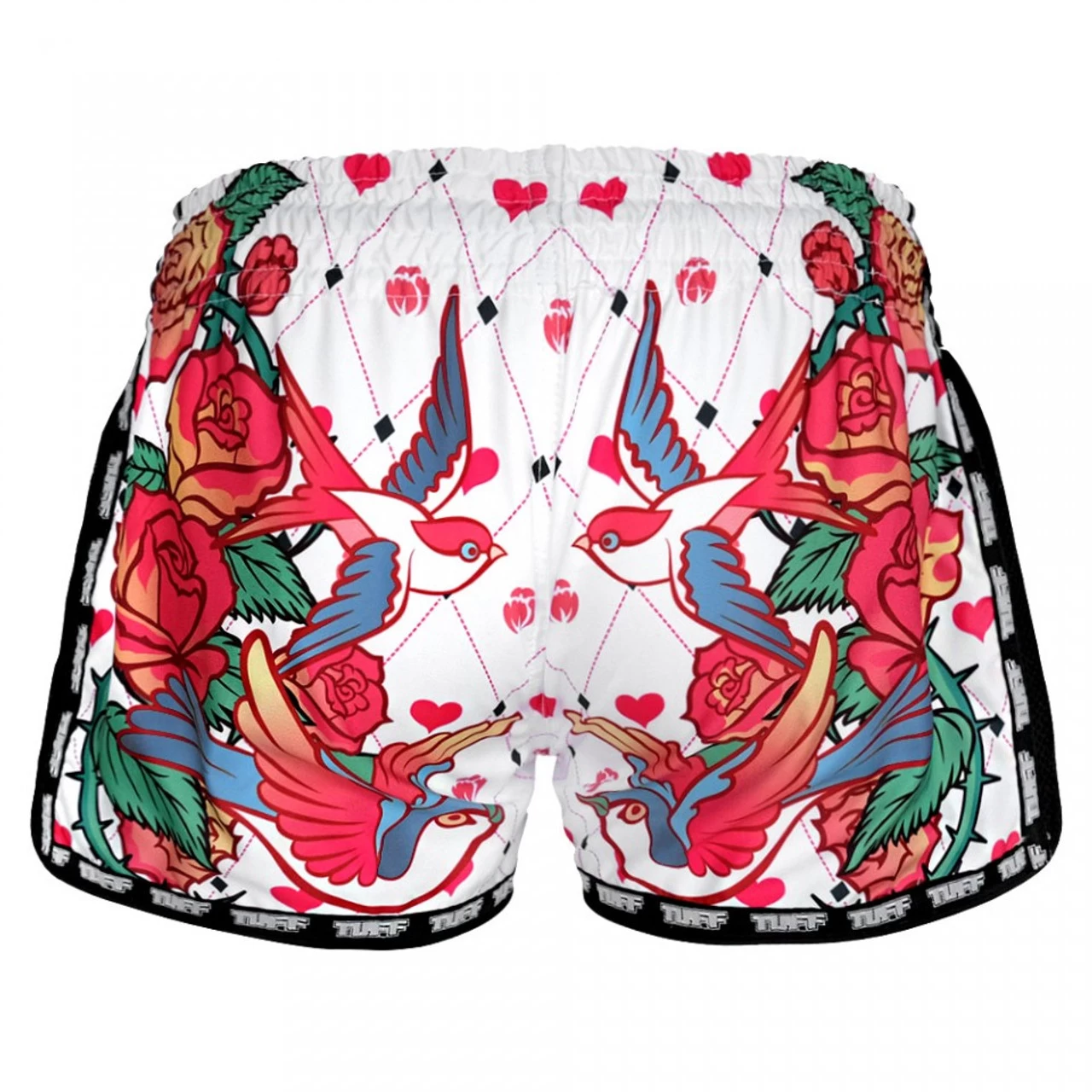 TUFF Muay Thai Shorts Retro Style White Roses With Birds 2 TUFF Muay Thai Shorts Retro Style White Roses With Birds - Image 2