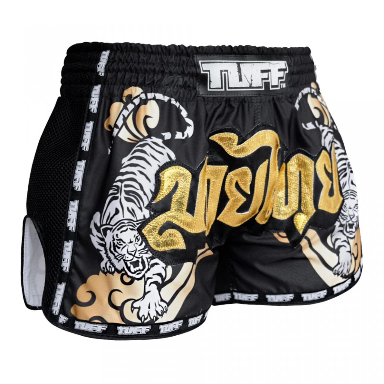 TUFF Muay Thai Shorts Retro Style Black Double Tiger With Gold Text 2 TUFF Muay Thai Shorts Retro Style Black Double Tiger With Gold Text - Image 2